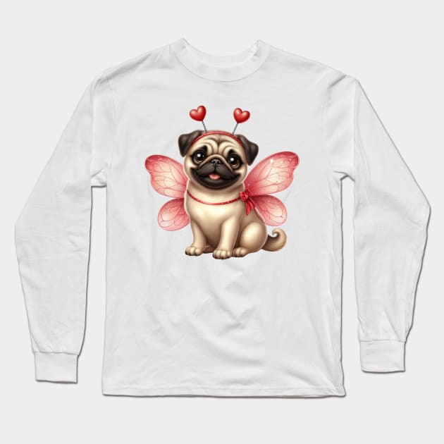 Valentine Fairy Pug Dog Long Sleeve T-Shirt by Chromatic Fusion Studio